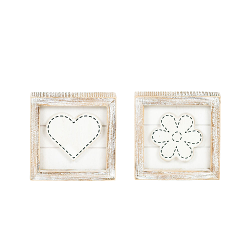 Reversible Wood Framed Block: Heart & Flower