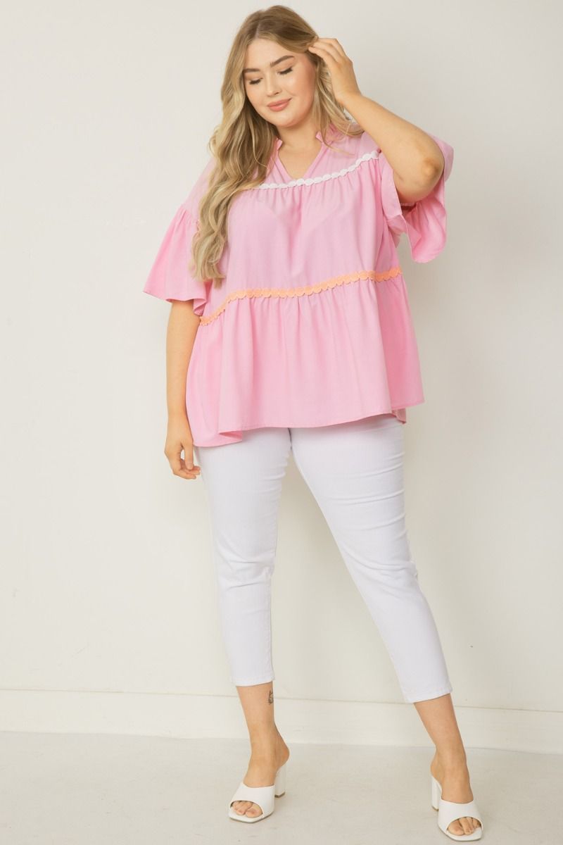 Pink Baby Doll Top with Embroidered Trim,