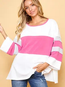 Pink and White Color Block Sweater